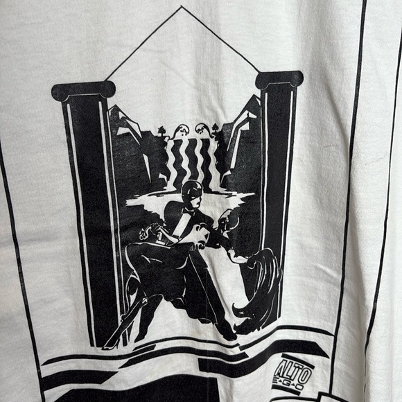 True 80s Vintage White Cotton T-Shirt Black Graphics Art Deco XL Oversized - Picture 3 of 5